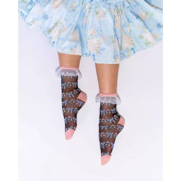 Floral Bow Ruffle Black Sheer Ankle Sock