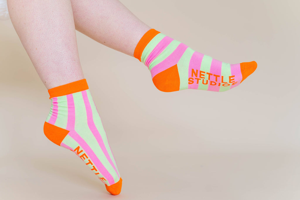 Cotton Pink Yellow Striped Ankle Sock