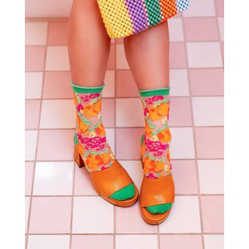 Orange Floral Sheer Crew Sock