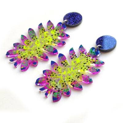 Neon Yellow Space Alien Flower Earrings