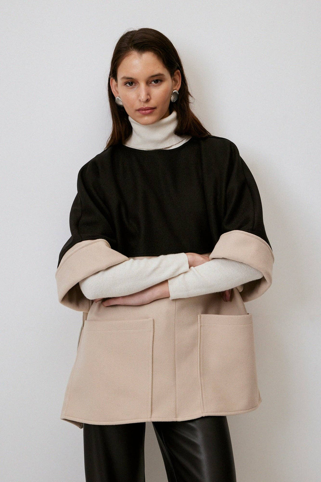 Two Tone Zip-Side Oversized Poncho Jacket