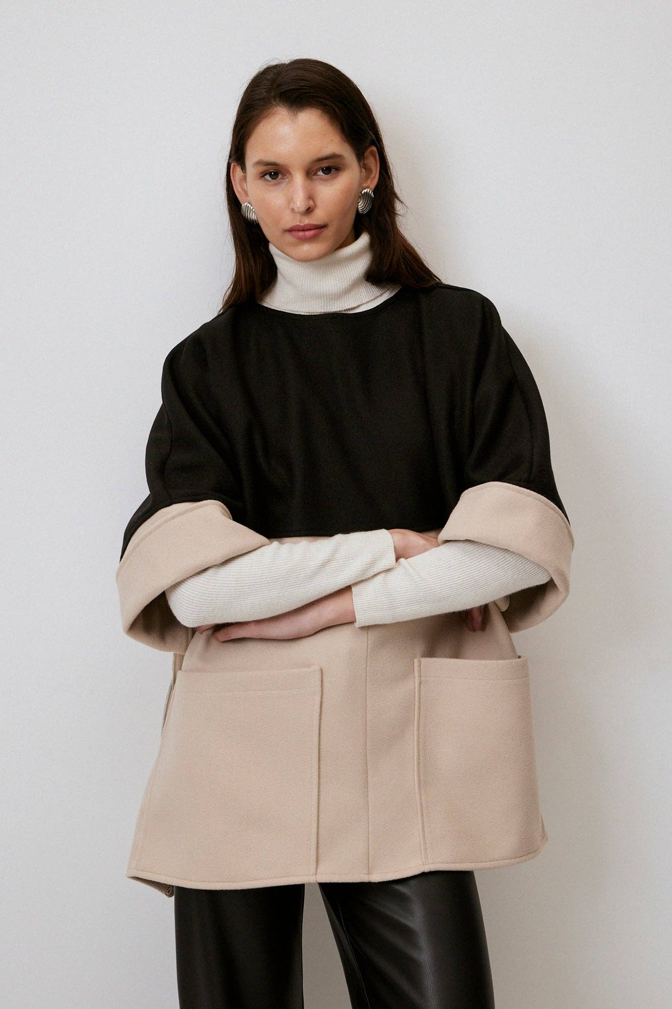 Two Tone Zip-Side Oversized Poncho Jacket