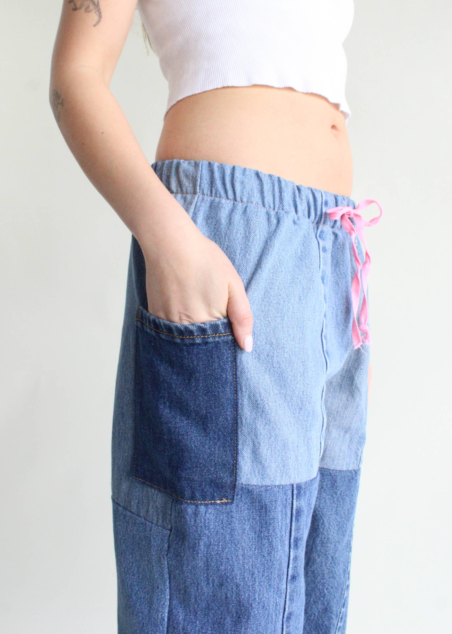 Vintage Denim Elastic Waist Pants