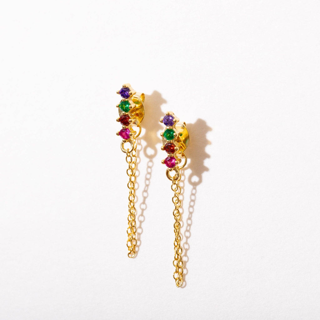 Rainbow Zircon Chain Loop Stud Earrings