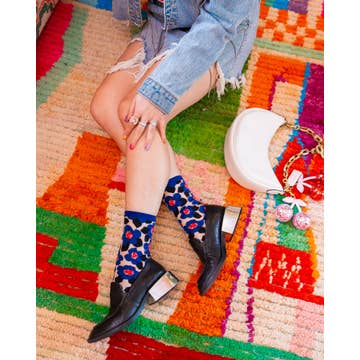 Bold Blue Floral Sheer Crew Sock