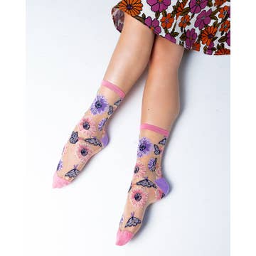 Sunflower Butterfly Sheer Crew Sock