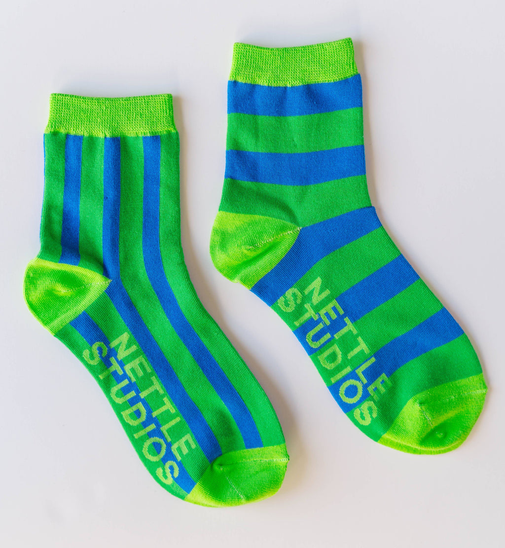 Cotton Green Blue Striped Ankle Sock