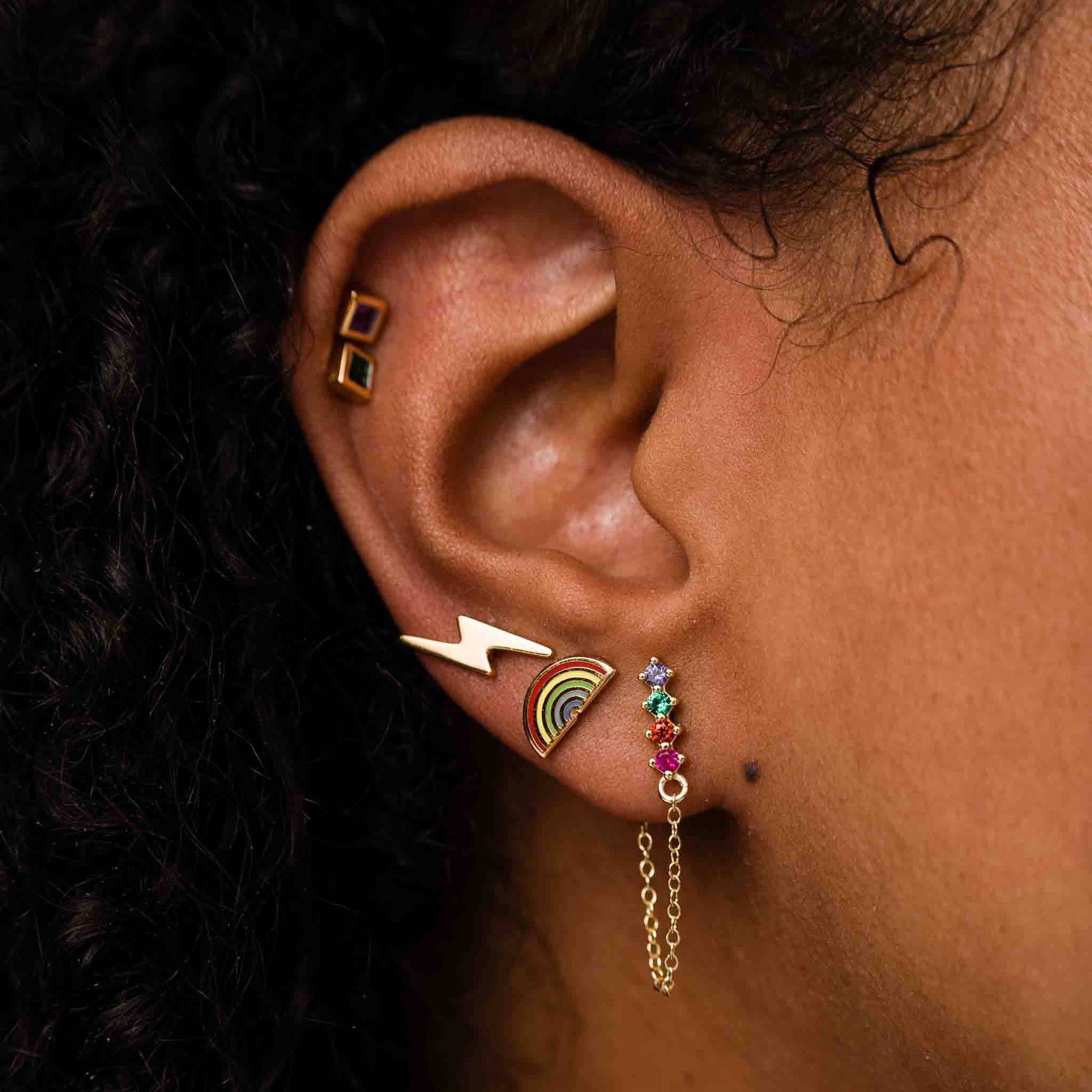 Rainbow Zircon Chain Loop Stud Earrings
