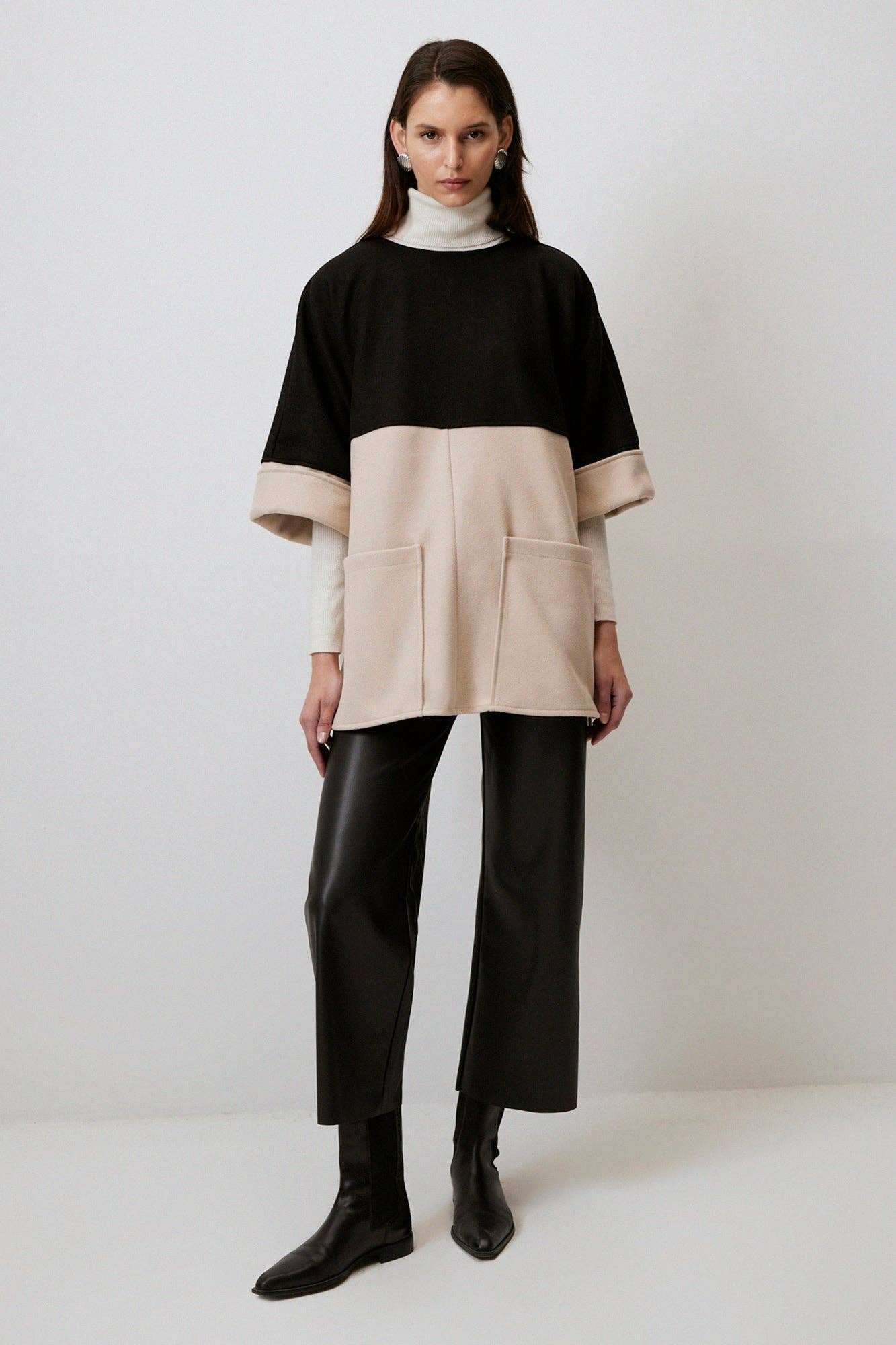 Two Tone Zip-Side Oversized Poncho Jacket