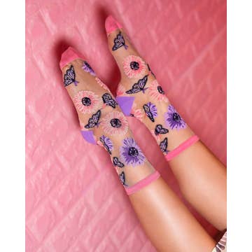 Sunflower Butterfly Sheer Crew Sock