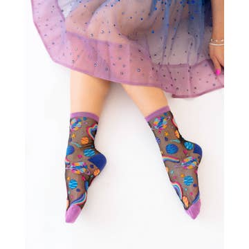 Pop Art Planets Black Sheer Crew Sock