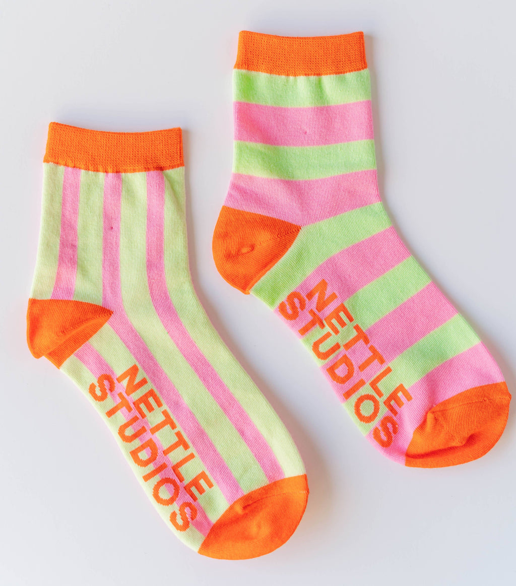 Cotton Pink Yellow Striped Ankle Sock