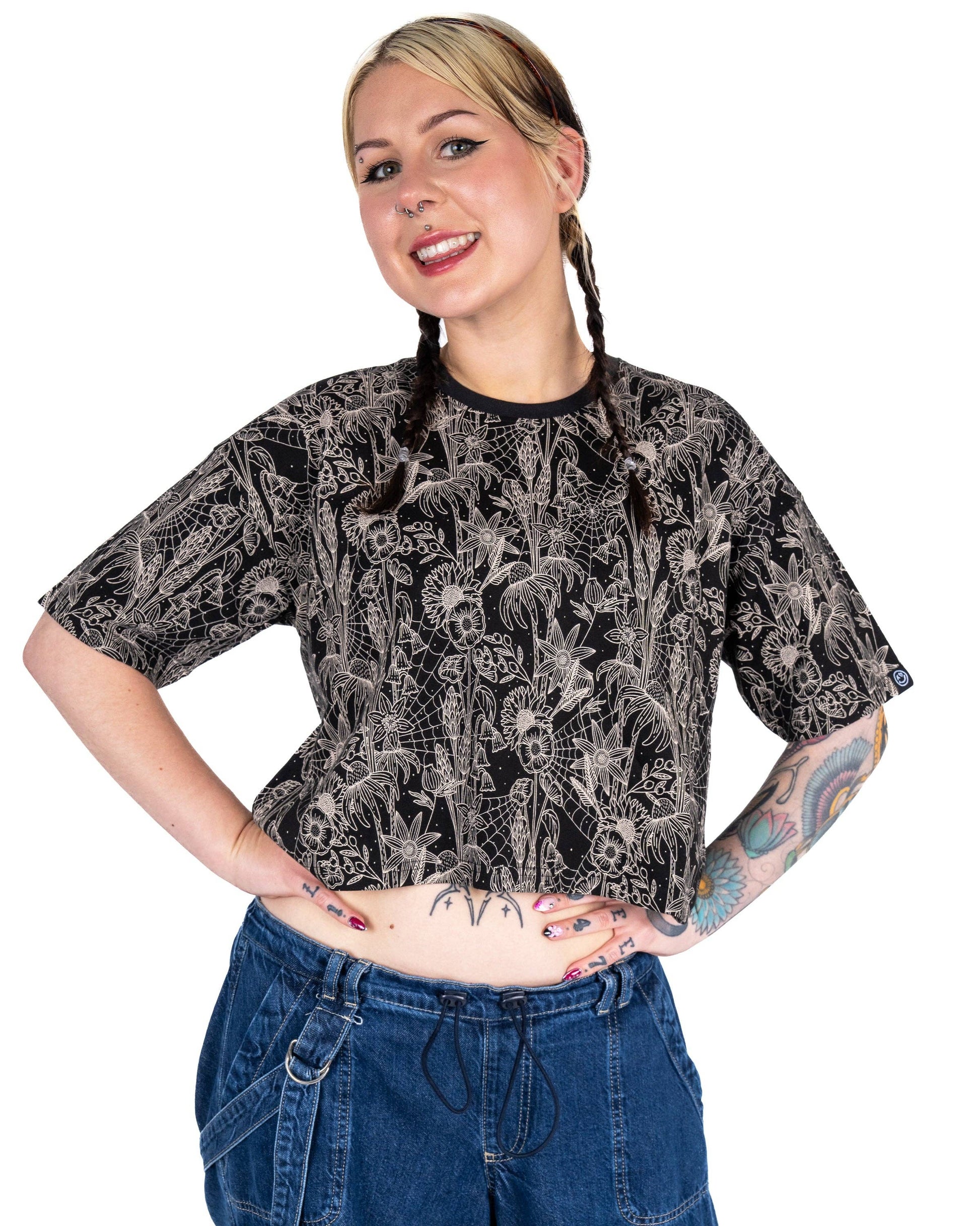 Black Floral Cobweb Cropped Boxy Tee