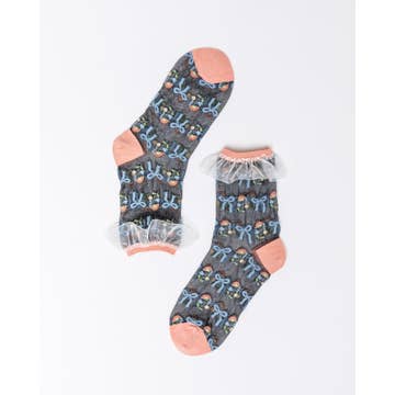 Floral Bow Ruffle Black Sheer Ankle Sock