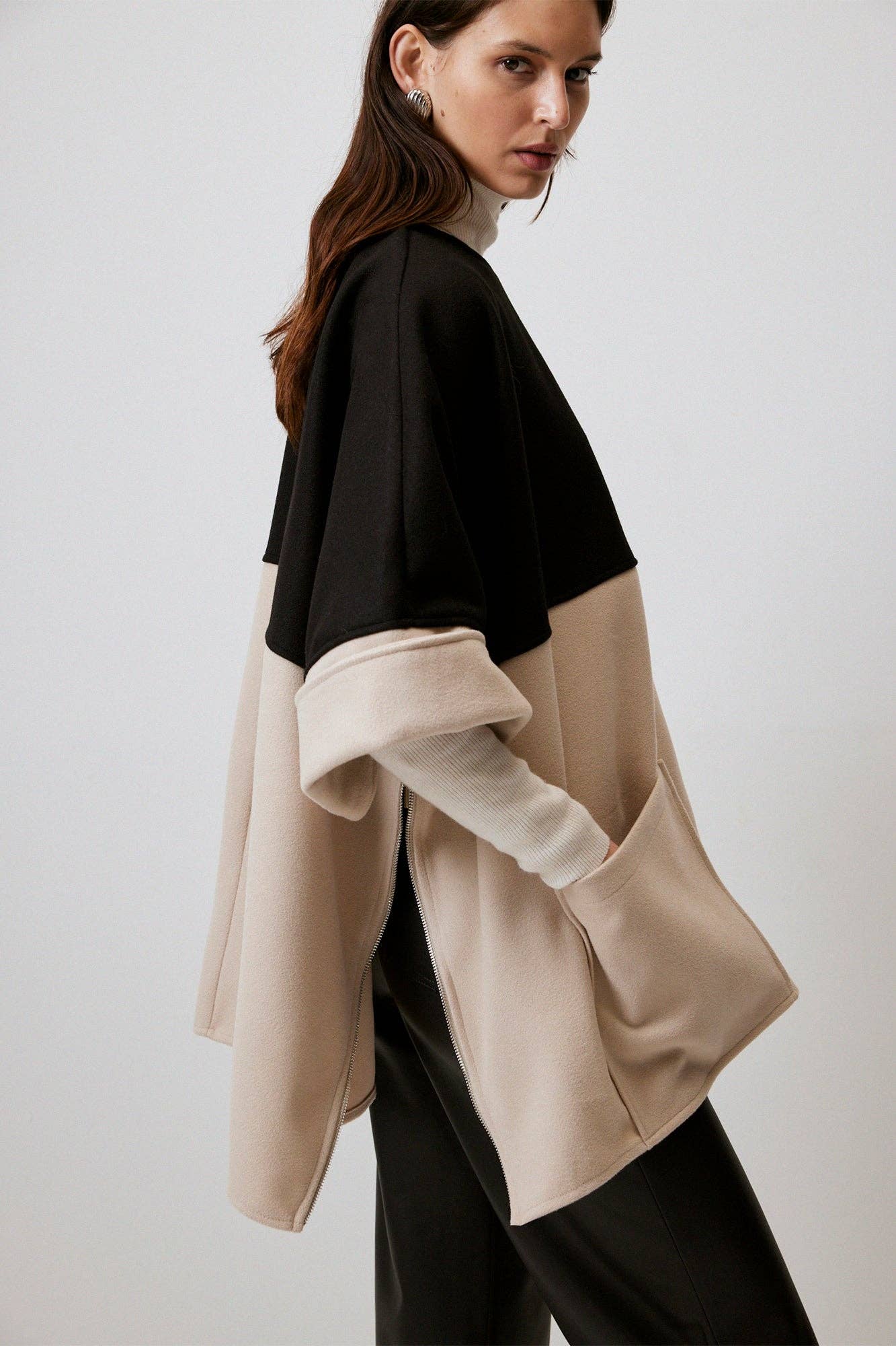 Two Tone Zip-Side Oversized Poncho Jacket