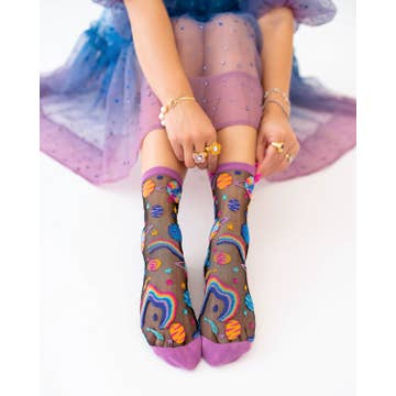 Pop Art Planets Black Sheer Crew Sock