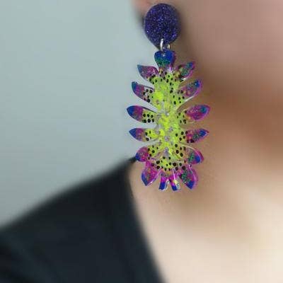 Neon Yellow Space Alien Flower Earrings
