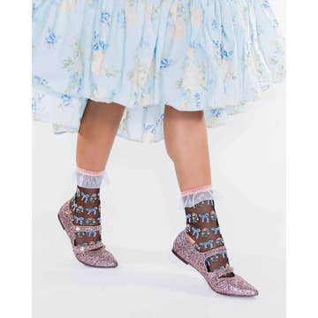 Floral Bow Ruffle Black Sheer Ankle Sock