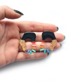 Rainbow and Gold Squiggle Hoop Earrings