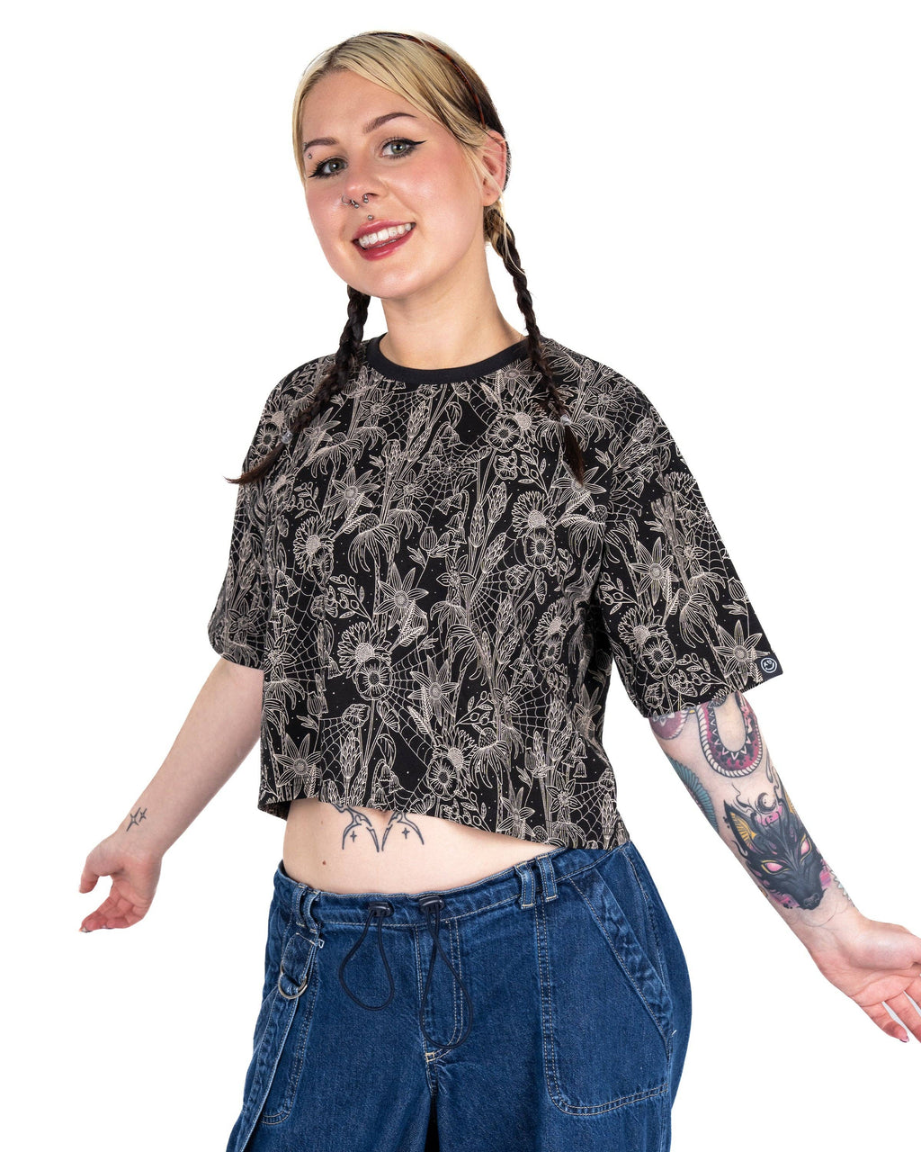 Black Floral Cobweb Cropped Boxy Tee
