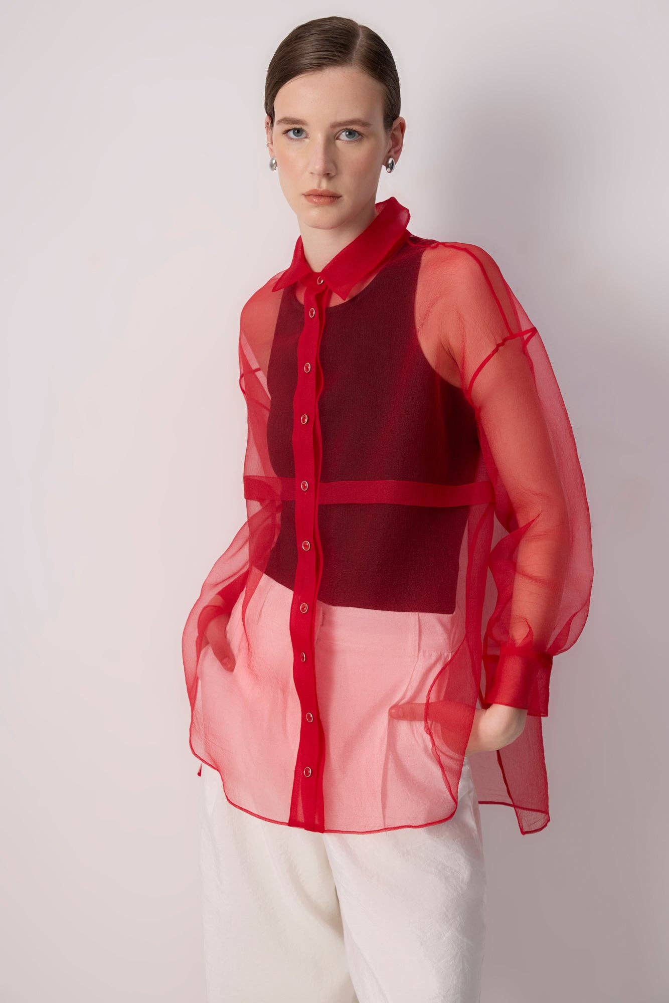 Sheer Button-Up Organza Blouse