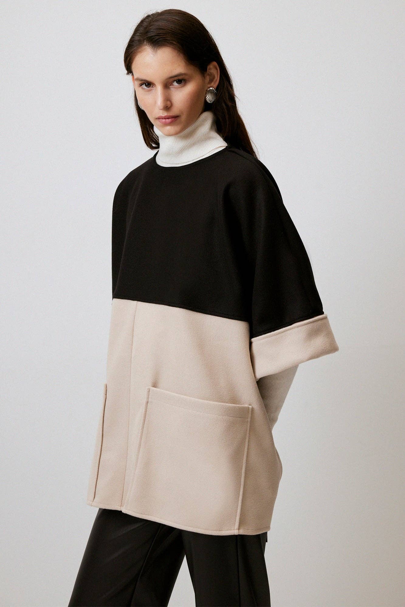 Two Tone Zip-Side Oversized Poncho Jacket