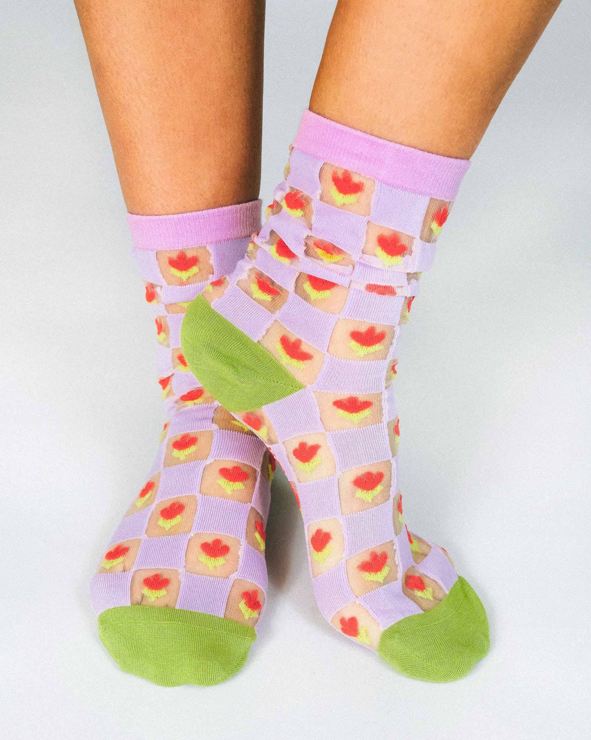 Checkered Tulips Sheer Ankle Sock