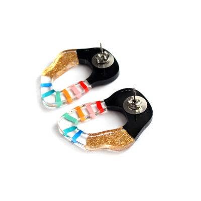 Rainbow and Gold Squiggle Hoop Earrings