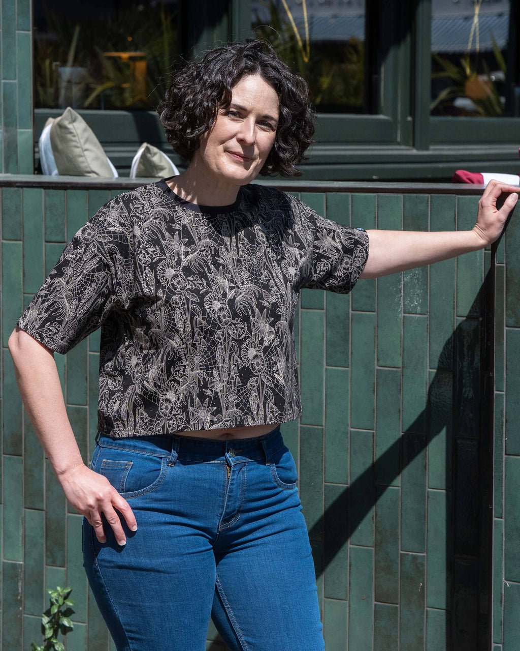 Black Floral Cobweb Cropped Boxy Tee