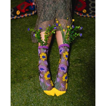 Mixed Sunflowers Black Sheer Crew Sock