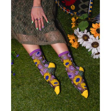 Mixed Sunflowers Black Sheer Crew Sock