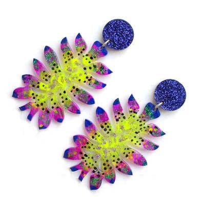 Neon Yellow Space Alien Flower Earrings