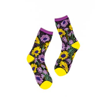Mixed Sunflowers Black Sheer Crew Sock