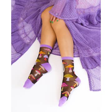 Magic Mushrooms Black Sheer Crew Sock