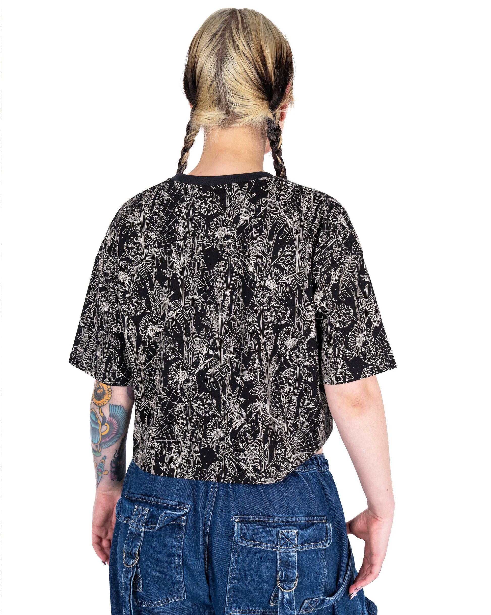 Black Floral Cobweb Cropped Boxy Tee