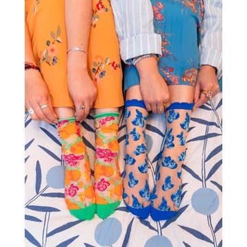Orange Floral Sheer Crew Sock