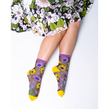 Mixed Sunflowers Black Sheer Crew Sock