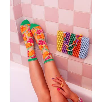 Orange Floral Sheer Crew Sock
