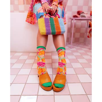 Orange Floral Sheer Crew Sock