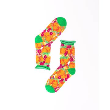 Orange Floral Sheer Crew Sock